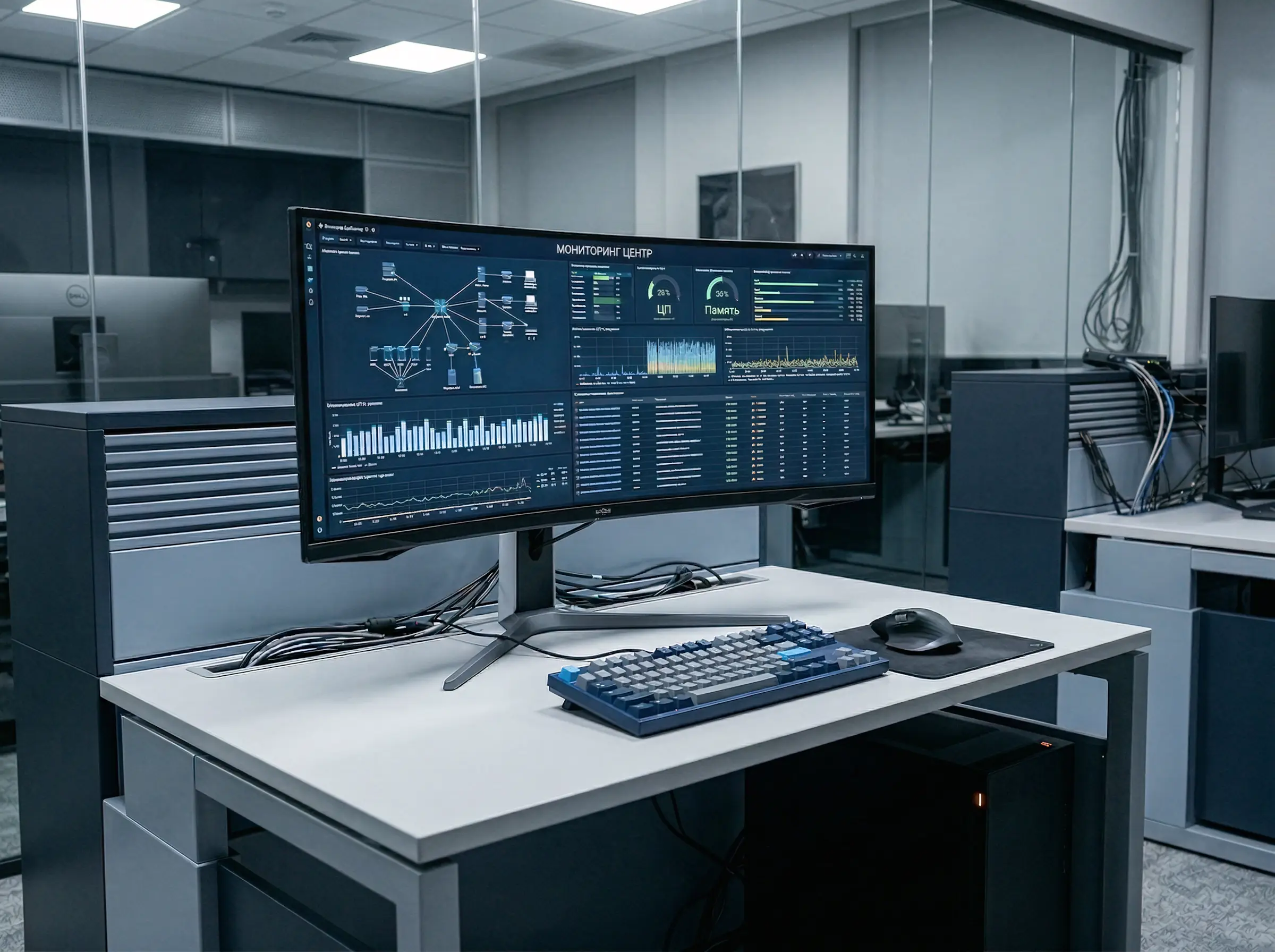 Контроль распределенной ИТ-инфраструктуры Рабочее место в офисе с монитором, на экране контроль распределенной ИТ-инфраструктуры