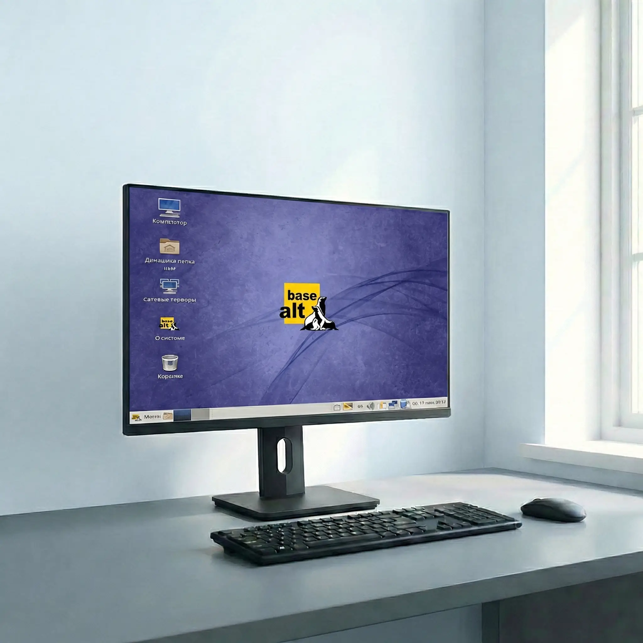 Монитор в светлом офисе, на рабочем столе операционная система BaseAlt