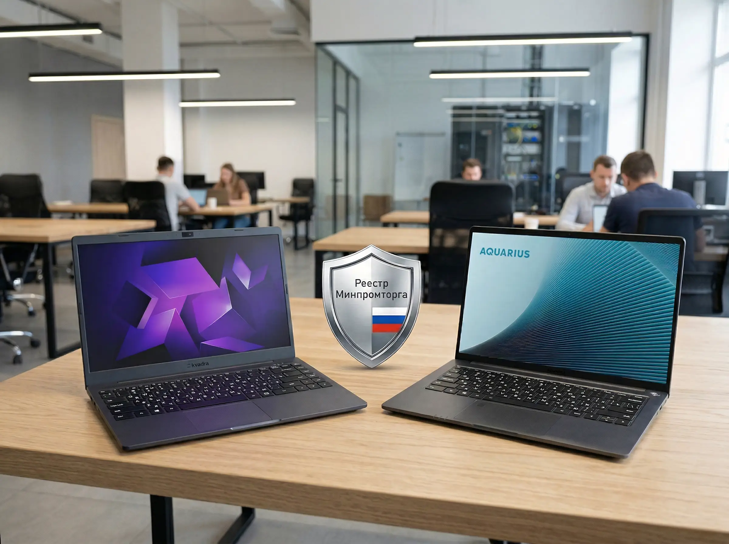 Изображение офисного помещение, рабочий стол, на котором 2 ноутбука, посередине щит с надписью реестр минпромторг