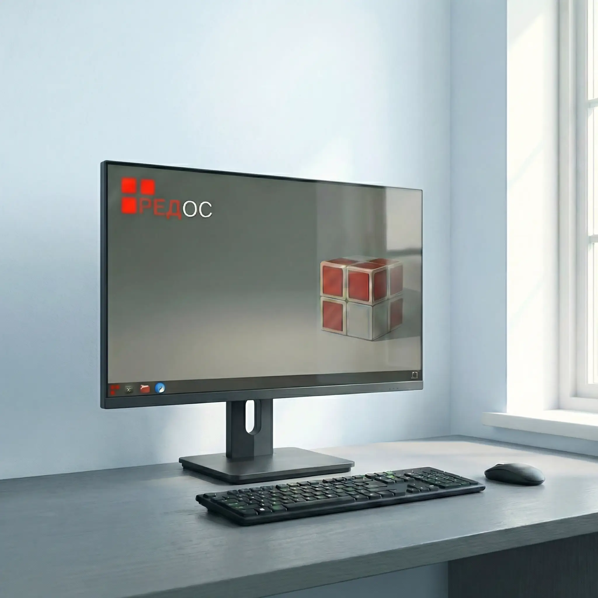 Монитор в светлом офисе, на рабочем столе операционная система РЕД ОС