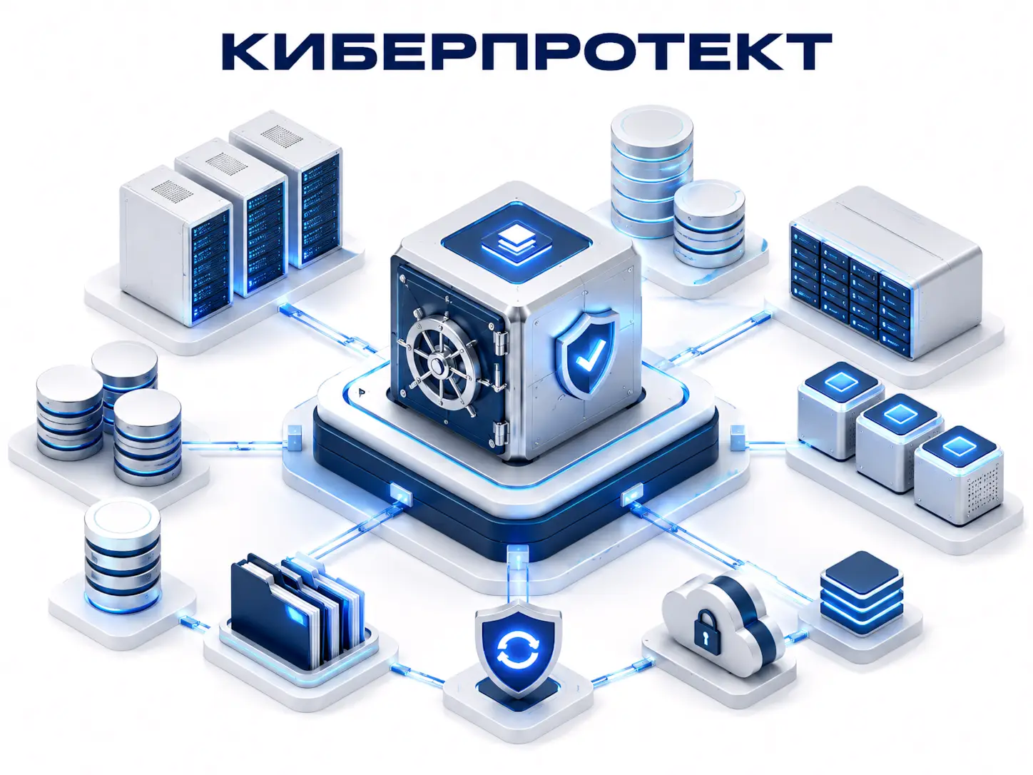 Изометрическое изображение в сине-голубых цветах Киберпортект - системы резервного копирования.