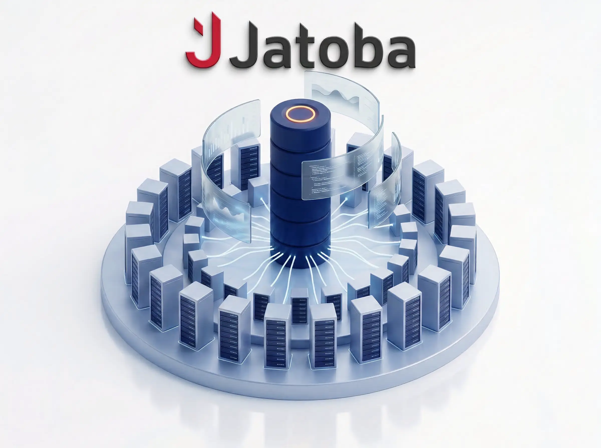 Jatoba - иллюстрация централизованной базы данных с серверными стойками и потоками данных
