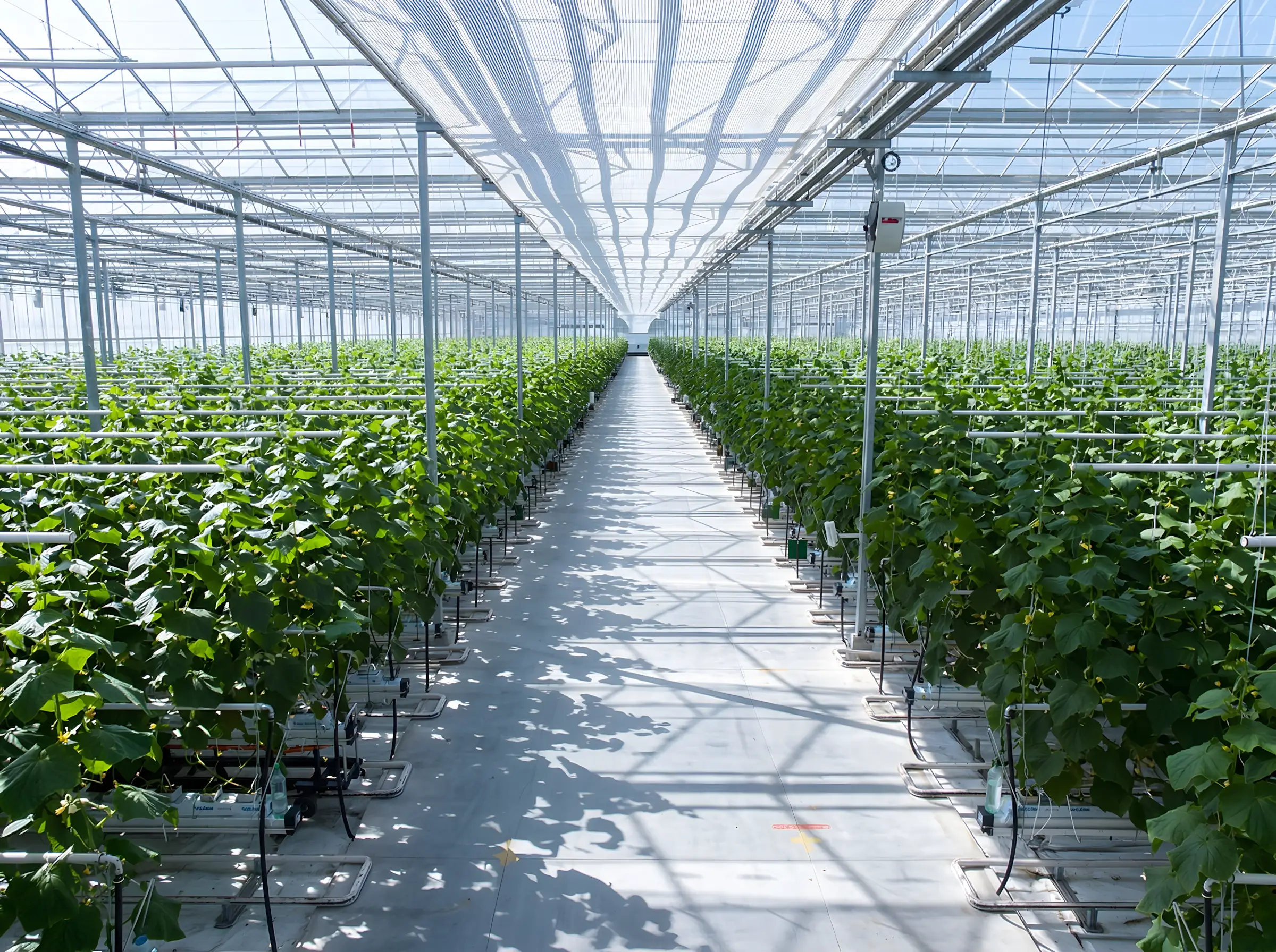 Внутренний вид большой светлой теплицы с рядами растений огурцов и системой капельного орошения