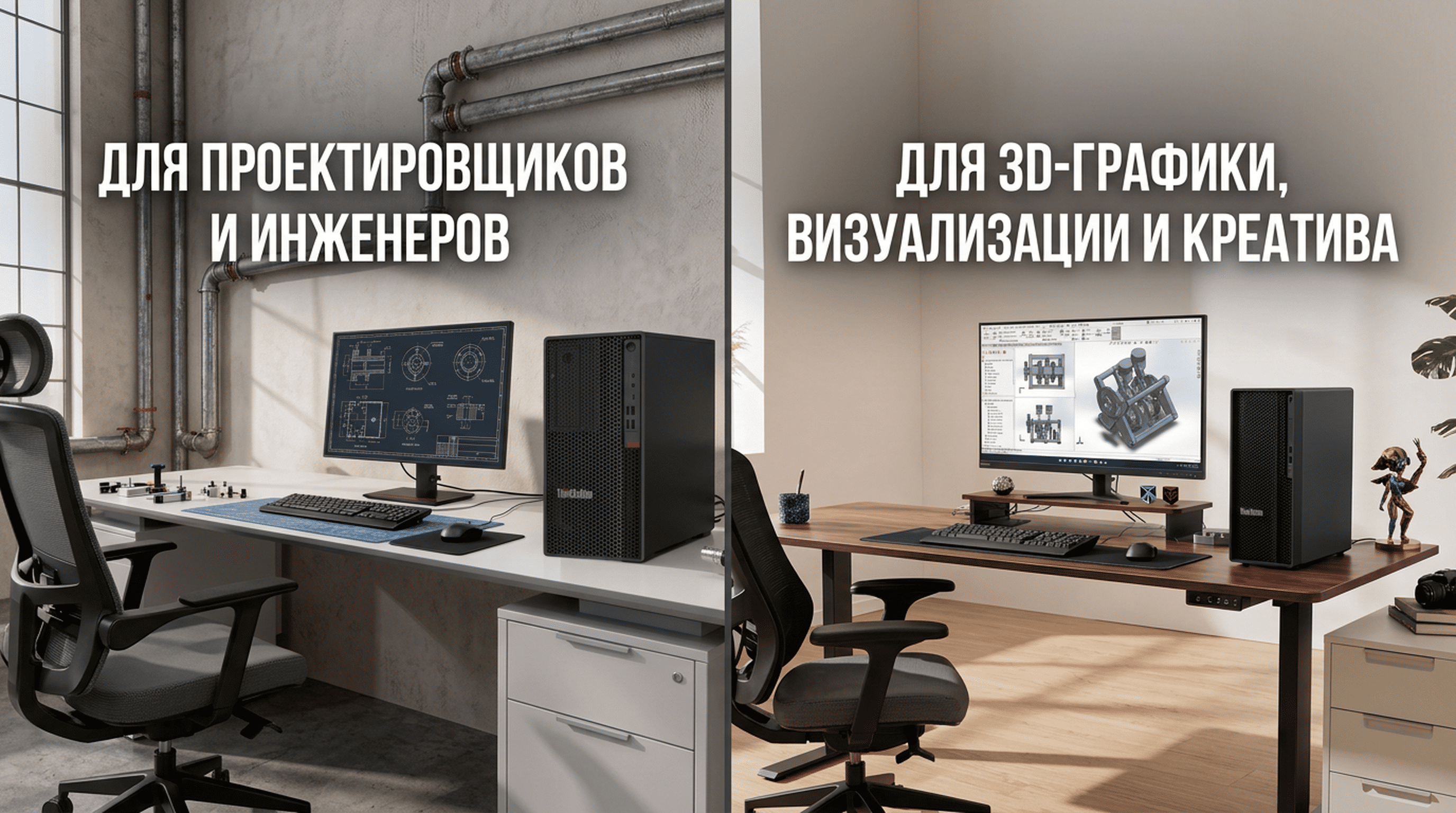 Наглядное сравнение рабочих станций монитор, компьютер, стол - слева Для проектировщиков и инженеров, справа Для 3д графики, визуализации и креатива