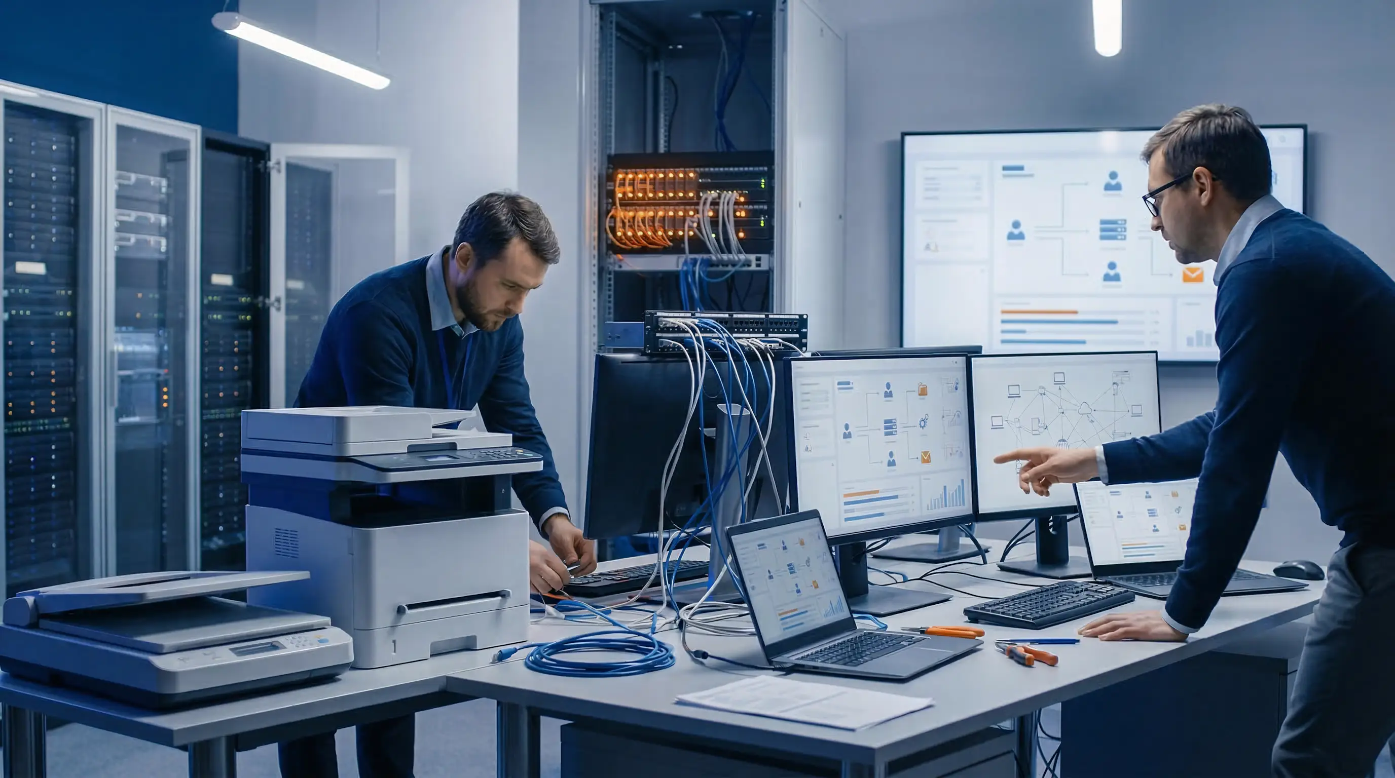 Инженеры проводят физическую коммутацию оборудования в серверной стойке и осуществляют мониторинг сетевой архитектуры через программные дашборды.