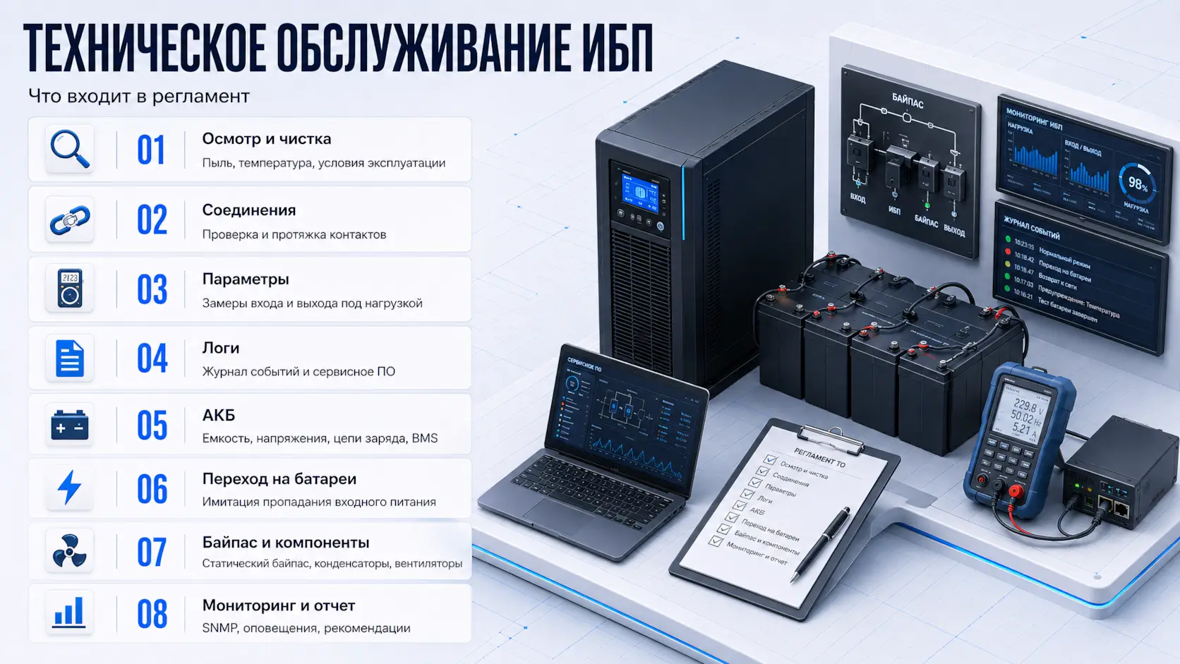 Техническое обслуживание ИБП - 8 пунктов, что выходит в регламент