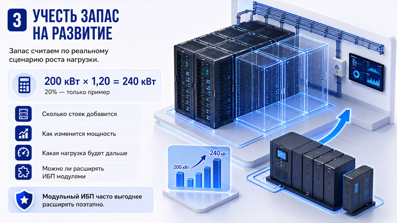 Инфографика - учесть запас на развитие ИБП для ЦОД