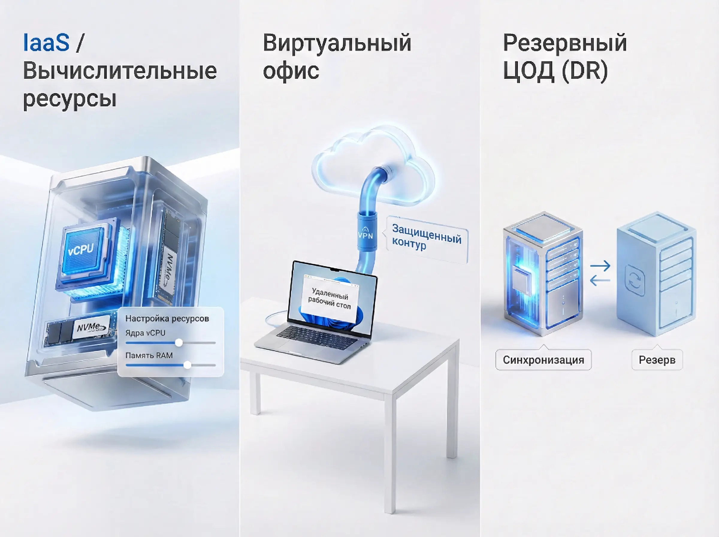 Три вида облачных услуг: аренда вычислительных ресурсов (IaaS), виртуальный офис и резервный ЦОД.