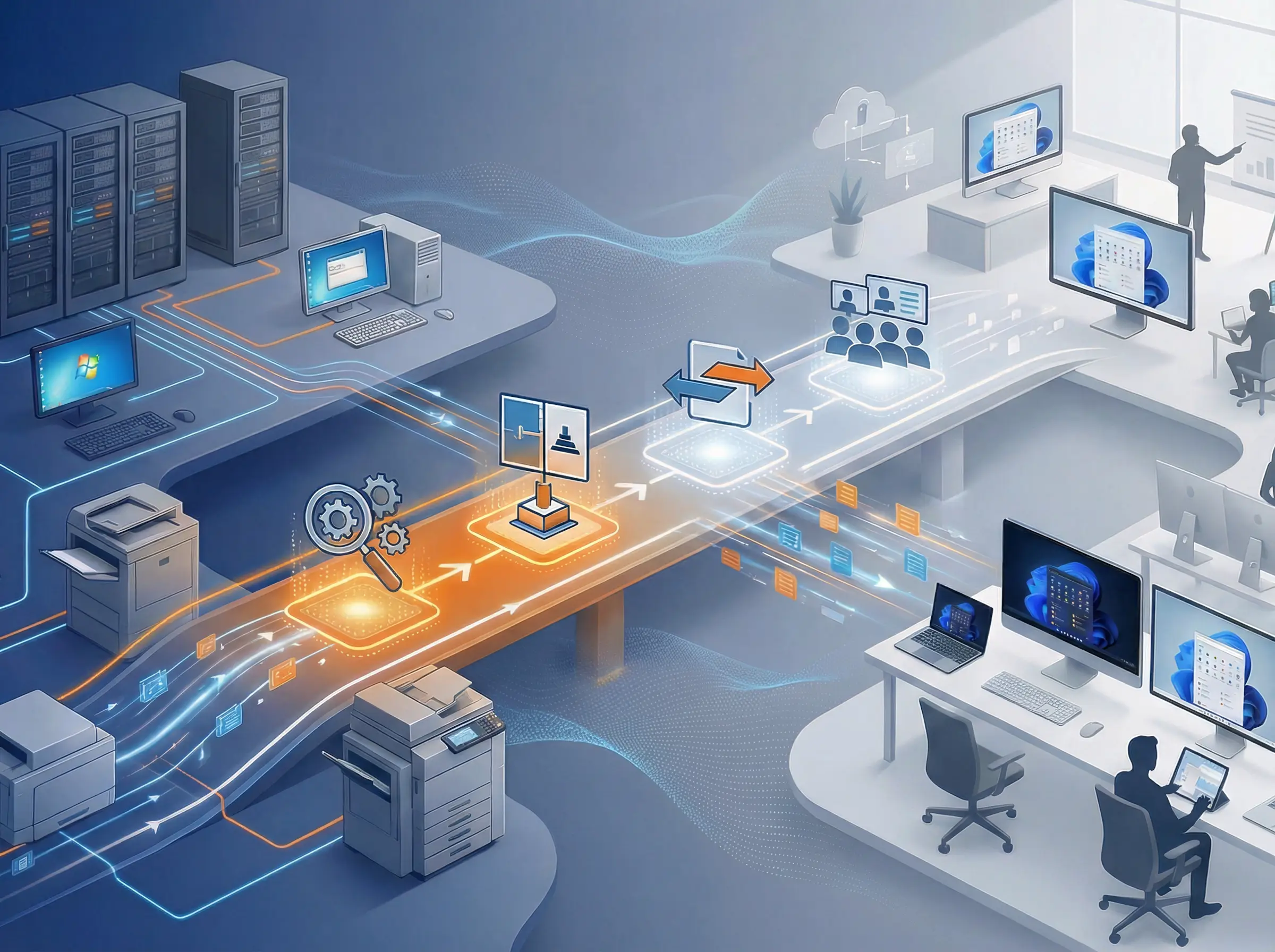 Услуги внедрения отечественного ПО: процесс безопасной миграции данных, анализ ИТ-инфраструктуры и корпоративное обучение (адаптация) сотрудников работе с новыми операционными системами и программами.