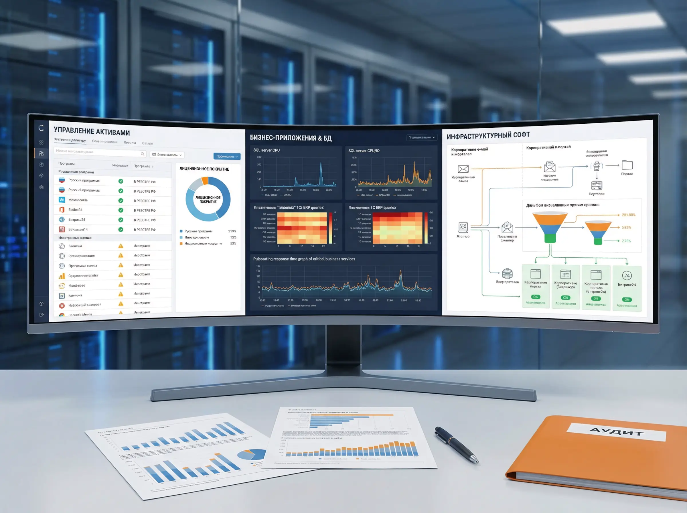 Широкий монитор с информацией аудита ПО