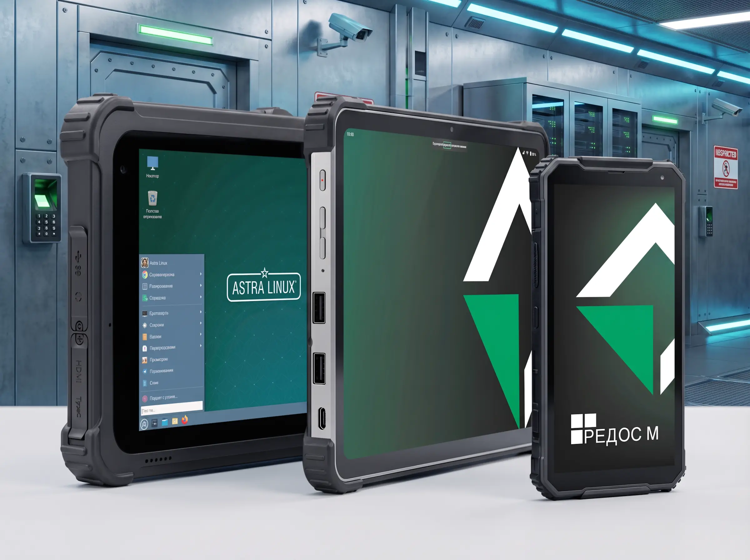 Устройства MIG - два планшета и смартфон, на заднем плане помещение защищенного объекта.