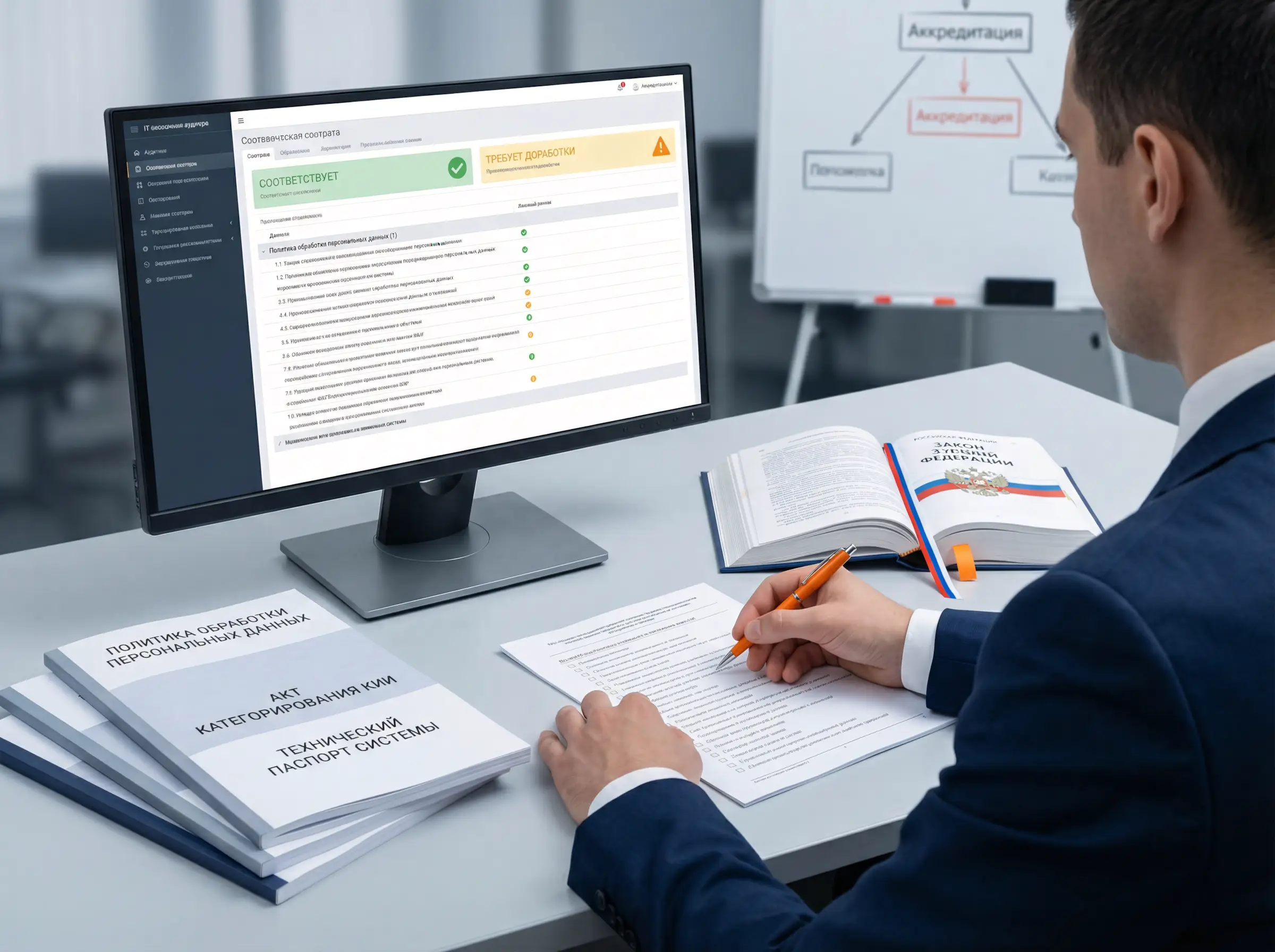 Сотрудник сидит перед монитором и записывает виды аудита ИТ предприятий