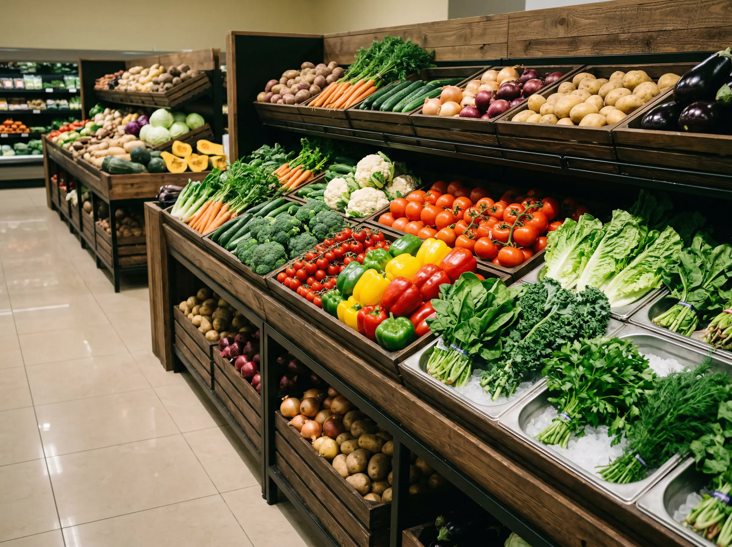 Витрина со свежими овощами в супермаркете