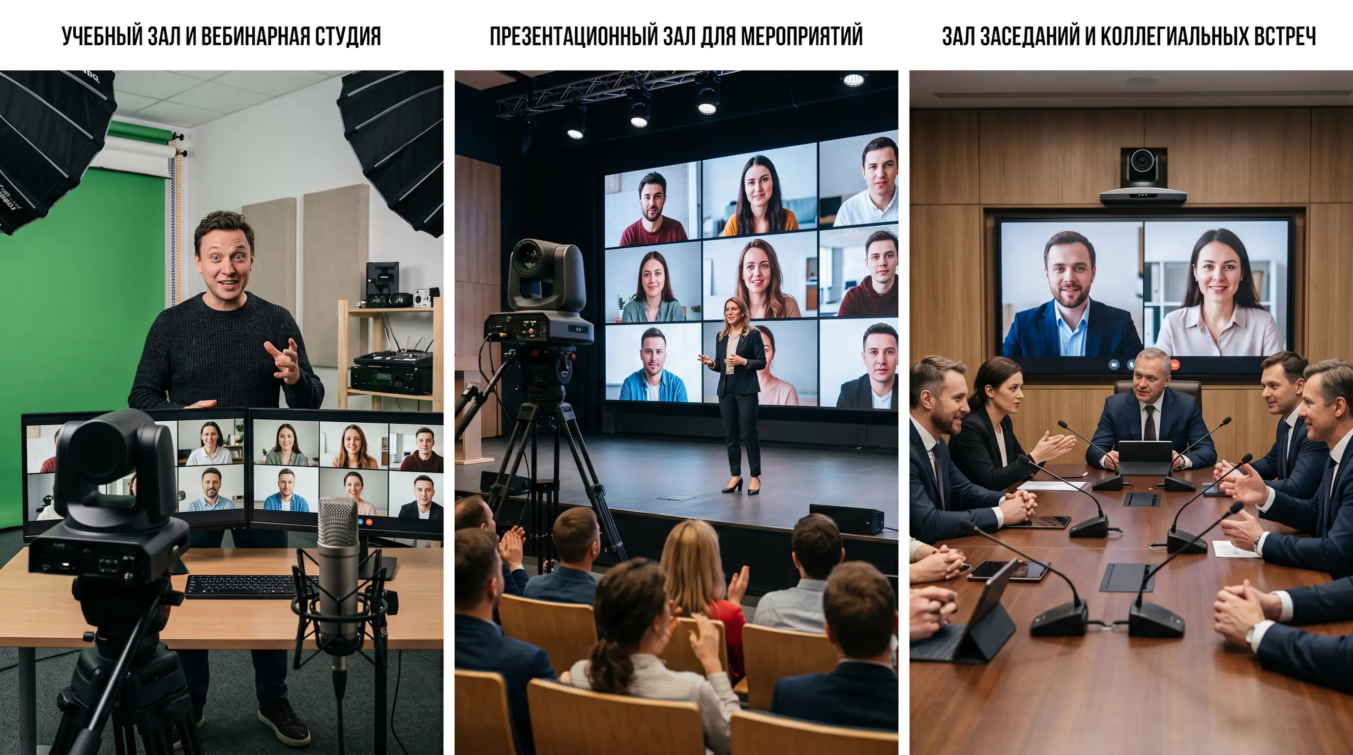 Коллаж: три типовых сценария ВКС - учебный зал, презентационный зал мероприятий, зал заседаний.